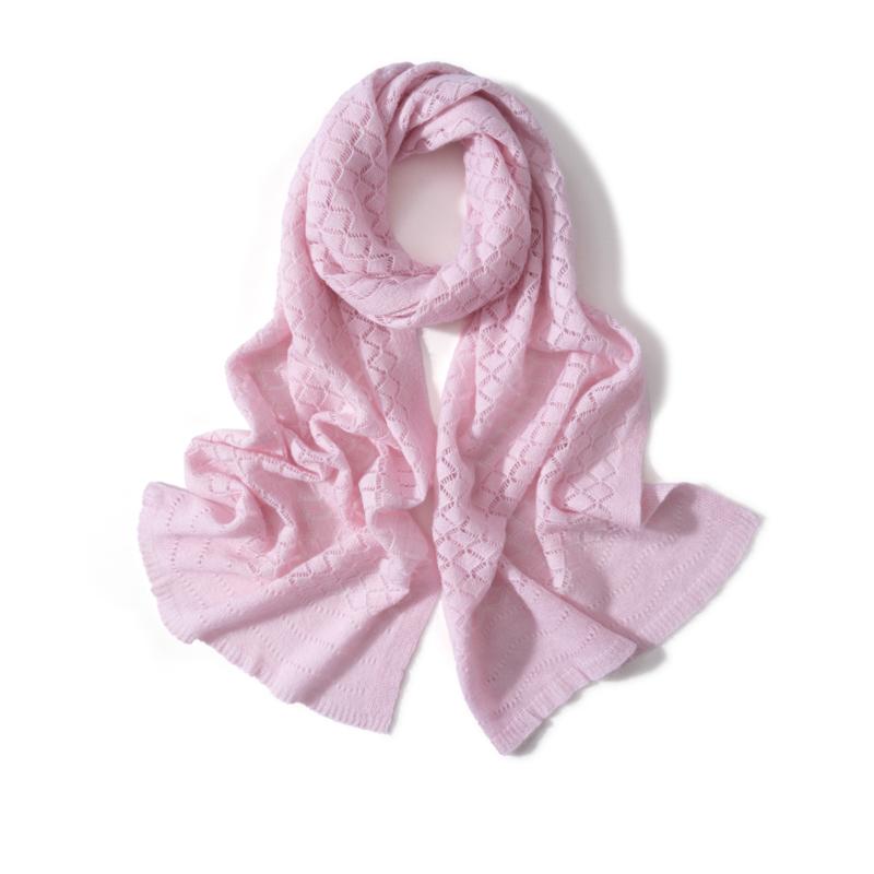 Women's 100% Cashmere Solid Color Scarf Hollow Grid Knitted Windproof Elegant Embroidery Texture Neckerchief for Ladies Banquet