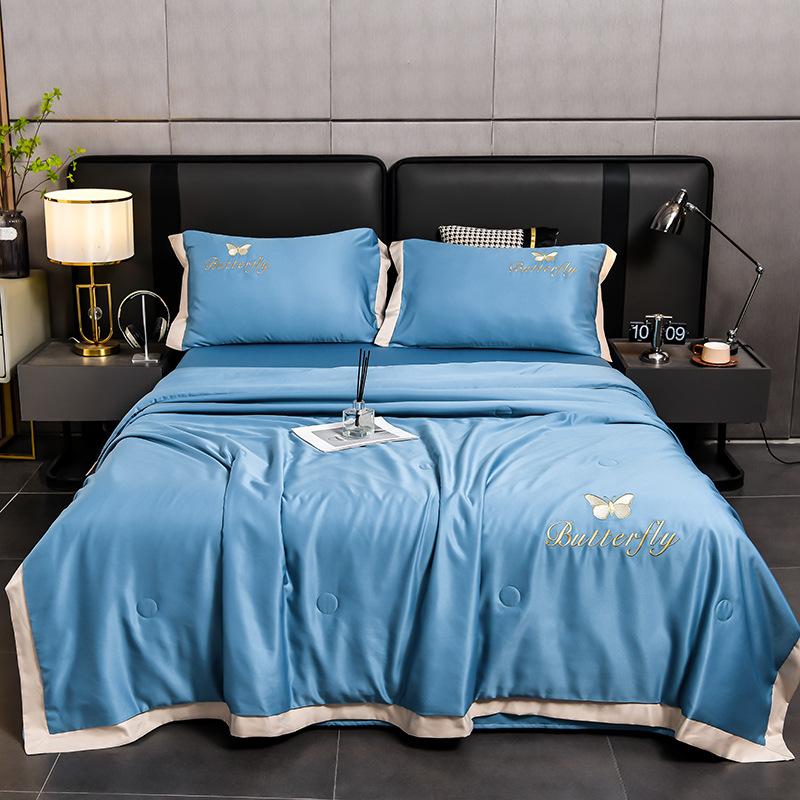 New Washed Ice Silk Embroidered Summer Quilt Four-Piece Summer Quilt Simple Solid Color Air Conditioning Quilt Summer Cool Quilt