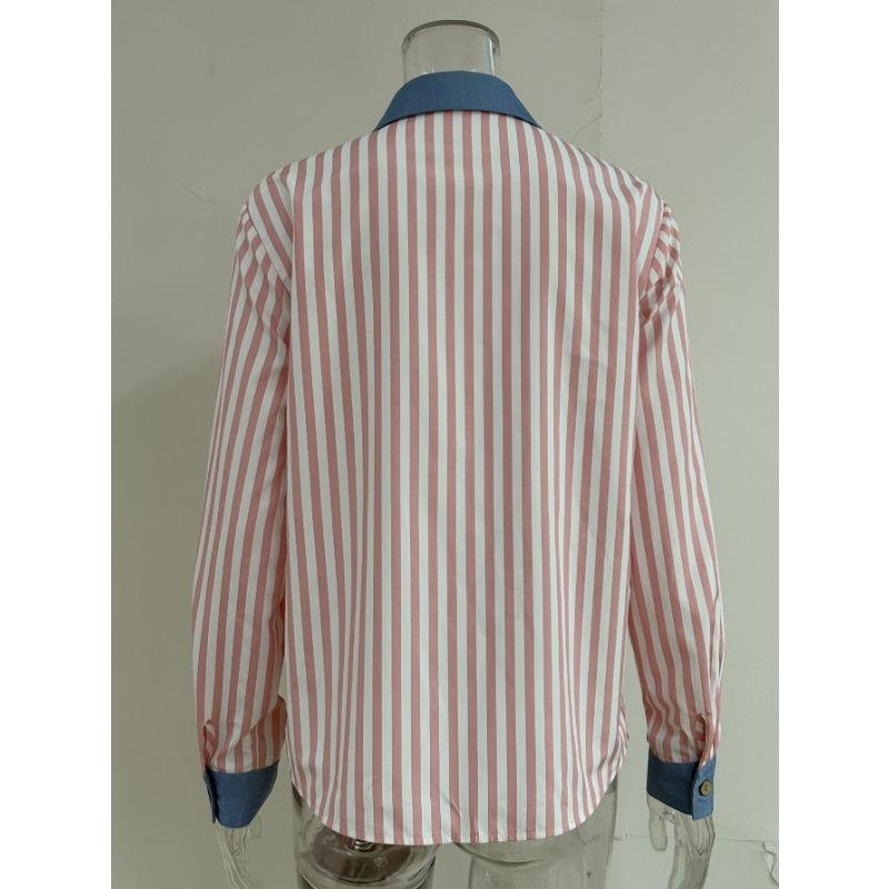 Women Color Block Stripe Splicing Loose Long Sleeve Collared Shirt