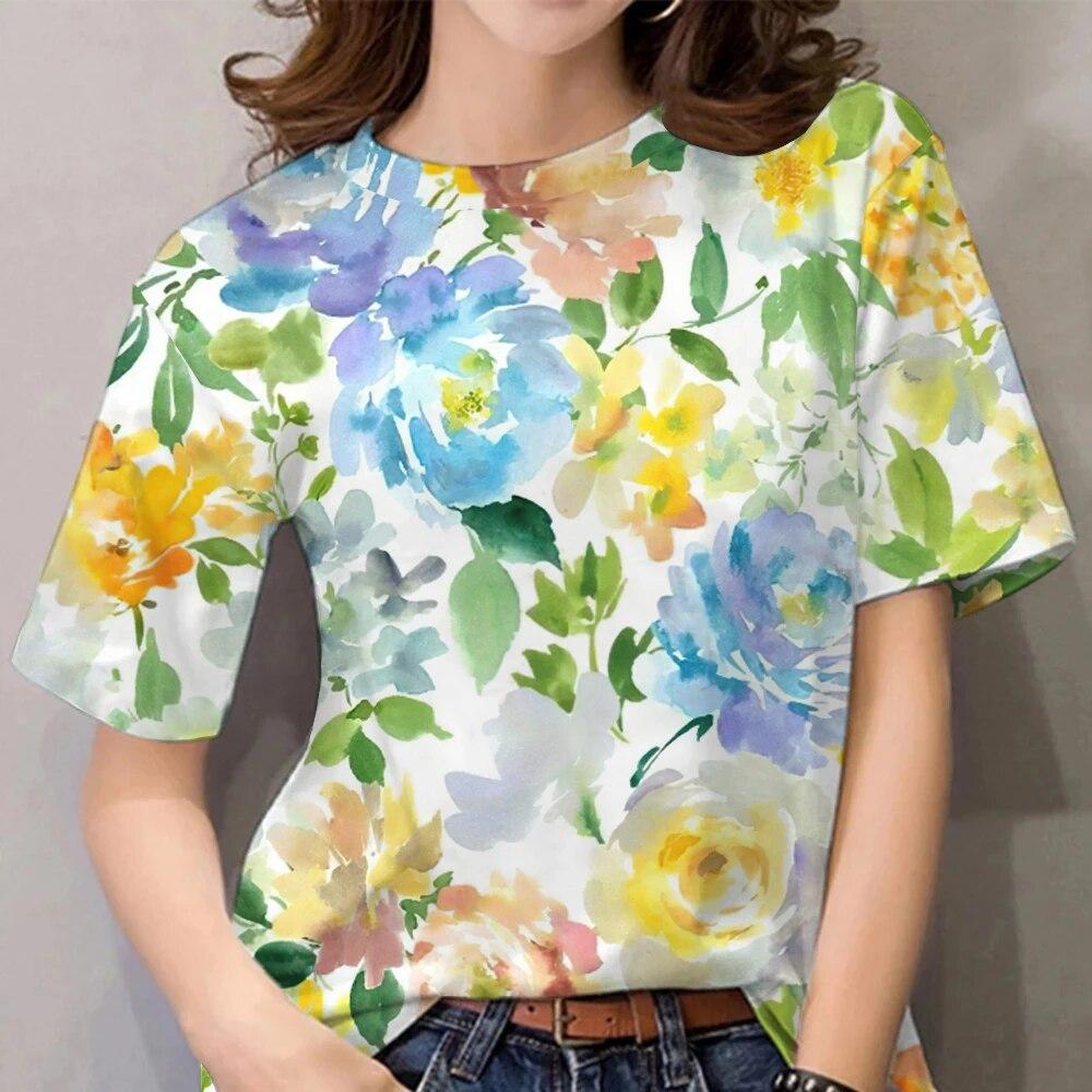 Colorful Floral Print 3D Digital Print Women's Casual Round Neck Short Sleeved T-shirt