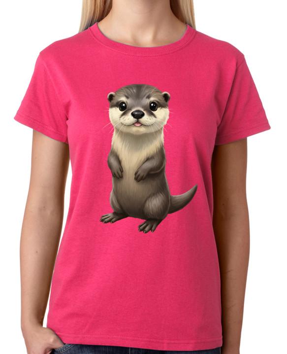 Cute Otter Cartoon Animal Design Ladies T-Shirt Funny Wildlife Tee L