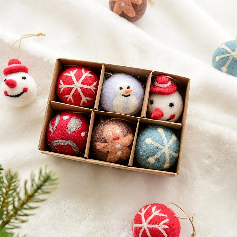 6pcs/box Wool Felt Party Hanging Balls Gifts Christmas Ornaments Home Santa Snowman Window Dsplay Ball Decorations Holiday