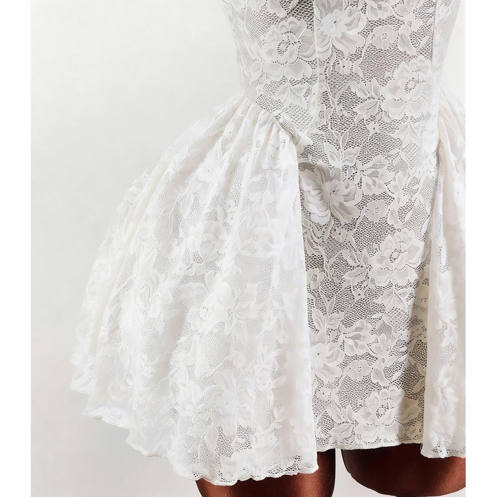 New style women's white lace dress with square neckline, wide band, fitted waist, and full-puff short skirt
