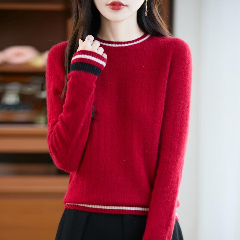 Women's 100% Pure Wool Color Block Round Neck Long Sleeve Seamless Sweater - New Autumn/Winter Style
