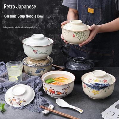 Ceramic Noodle and Soup Bowl with Lid for Home or Dorm Use