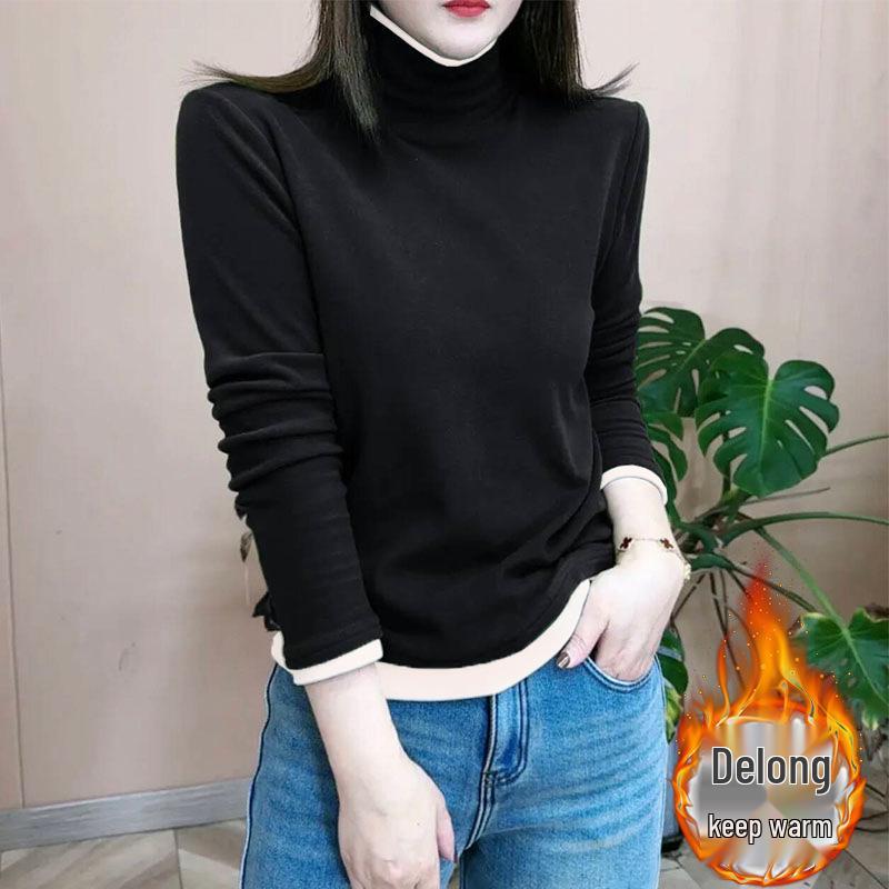 

Гонконгский высококачественный двухсторонний бархатный базовый лонгслив с высоким воротом, универсальный дизайн в стиле колор-блок для женщин, осень/зима XL чёрный