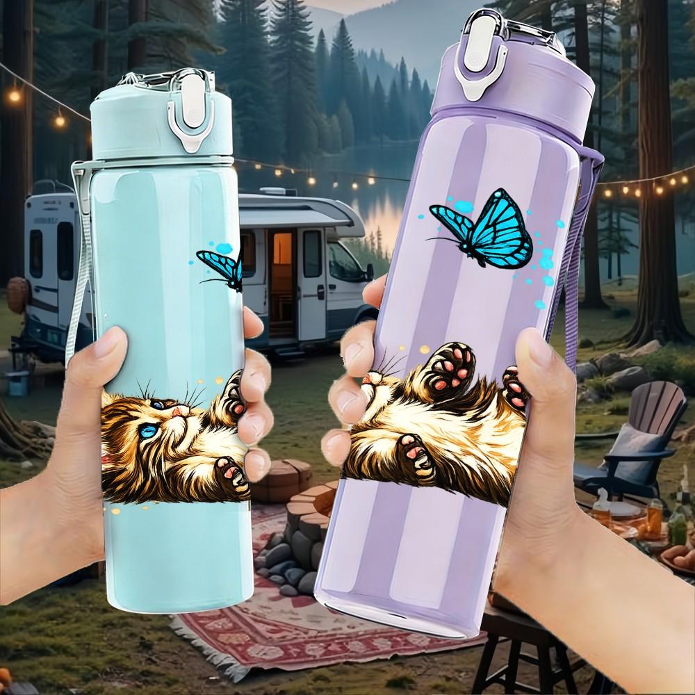1PC Sleeping Cat Butterfly Art Print 750ml Color Plastic Sports Water Bottle Leakproof Flip Straw Lid Suitable for Sports Office Home Use