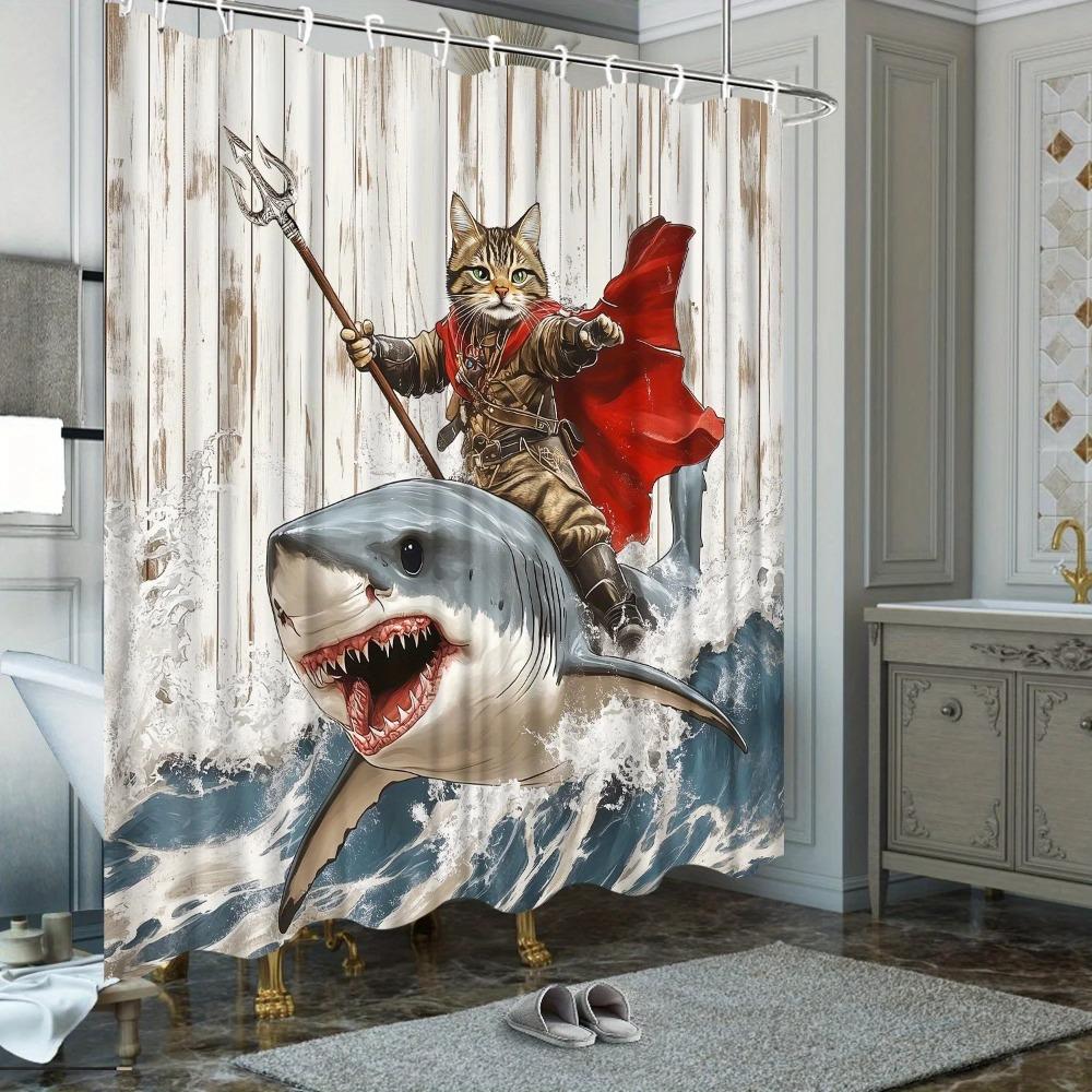 Cat Warrior Riding Shark Shower Curtain Anthropomorphic Cat Holding Trident Ocean Waves Fantasy Decor With Hooks