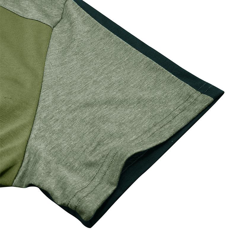 European and American Style Men’s Summer Outdoor Sports Henry Shirt Short Sleeve Stand Collar T-shirt Fashion Patchwork Fitness Top