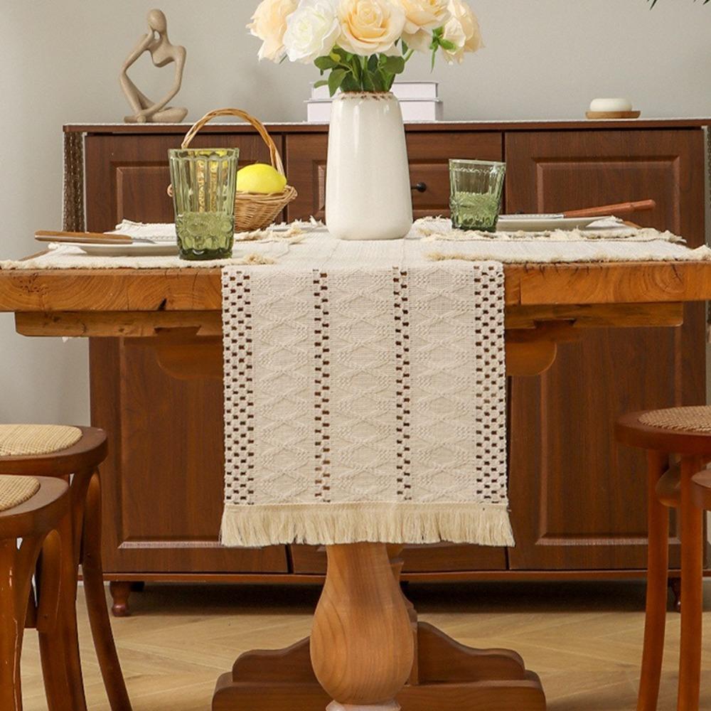 With Tassels Linen Table Runner Beige Color Rustic Style Bohemia Table Runner Farmhouse Design Solid Color Solid Table Flag