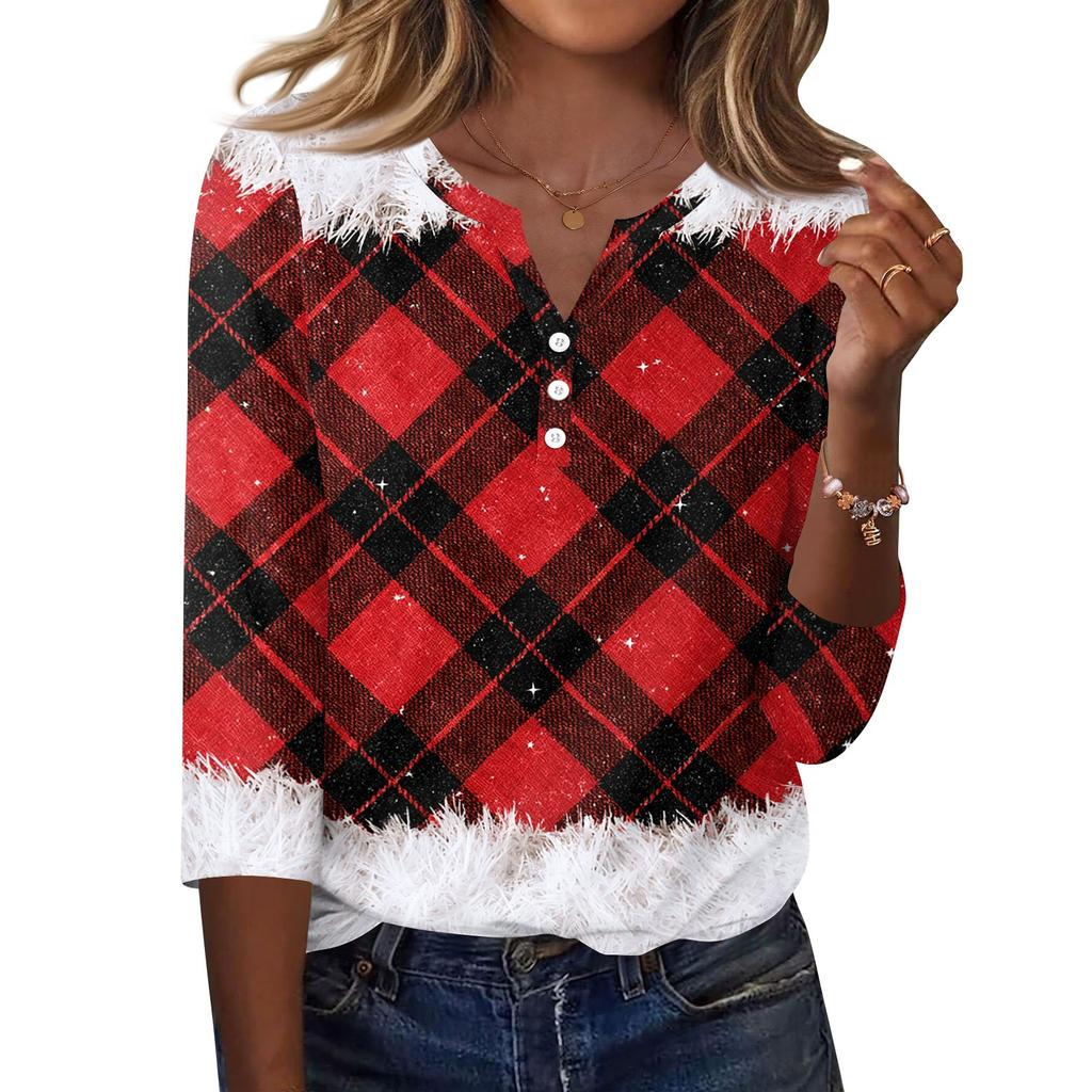 Women's Fashion Casual Christmas Print V-Neck Button Three-Quarter Sleeve T-Shirt Top