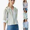 Women's Spring and Summer V-neck T-shirt Striped Printed Button-down Shirt Loose Long-sleeved Top