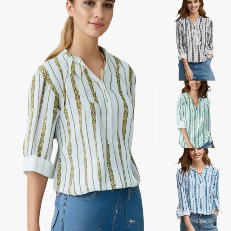 Women's Spring and Summer V-neck T-shirt Striped Printed Button-down Shirt Loose Long-sleeved Top