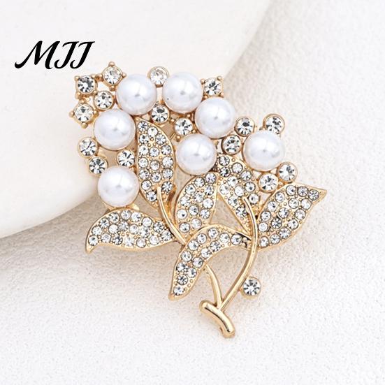 Flower Brooch Pin Branch with Faux Pearls Rhinestones, Decorative Lapel Floral for Wedding Party, Dainty Jewelry Accessory Women Girls Fashion