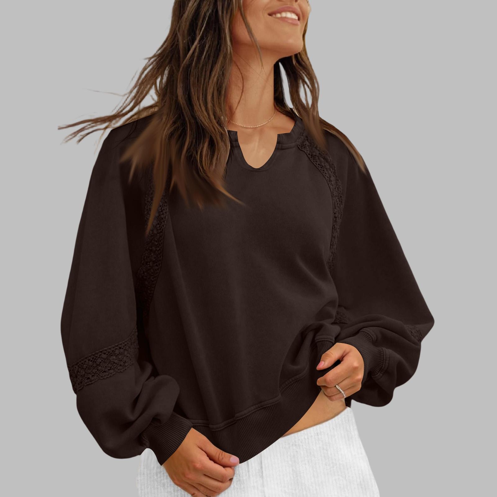 Women s Color Long Sleeve Sweatshirt with Lace Trim and Half Zip, Loose Fit L