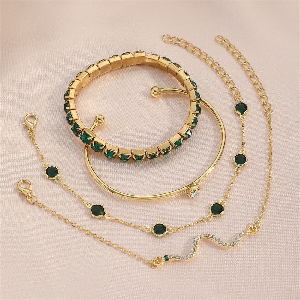 4Pcs/Set Snake Green Gemstone Bangle Rhinestone Punk Jewelry Full Metal Bracelet  Christmas Gift