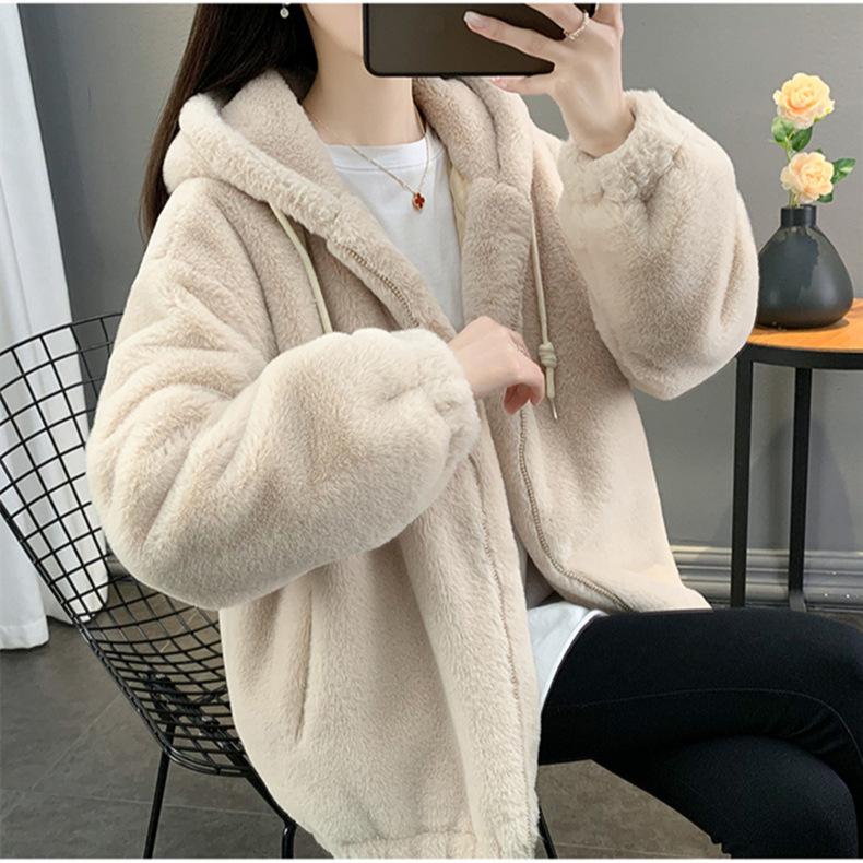 Winter Faux Rabbit Fur Coat Women Mid Length Loose Thick Lamb Wool Hooded Plush Jacket