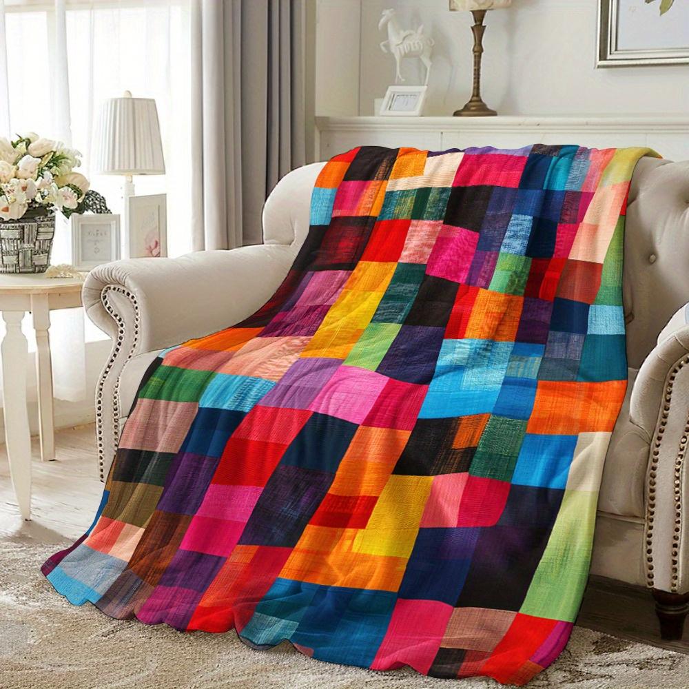 Monika Chen Unisex Colorful Plaid Flannel Blanket With Rainbow Patchwork Style Suitable For Bedroom Use Offering Soft Comfort And Quality Verified