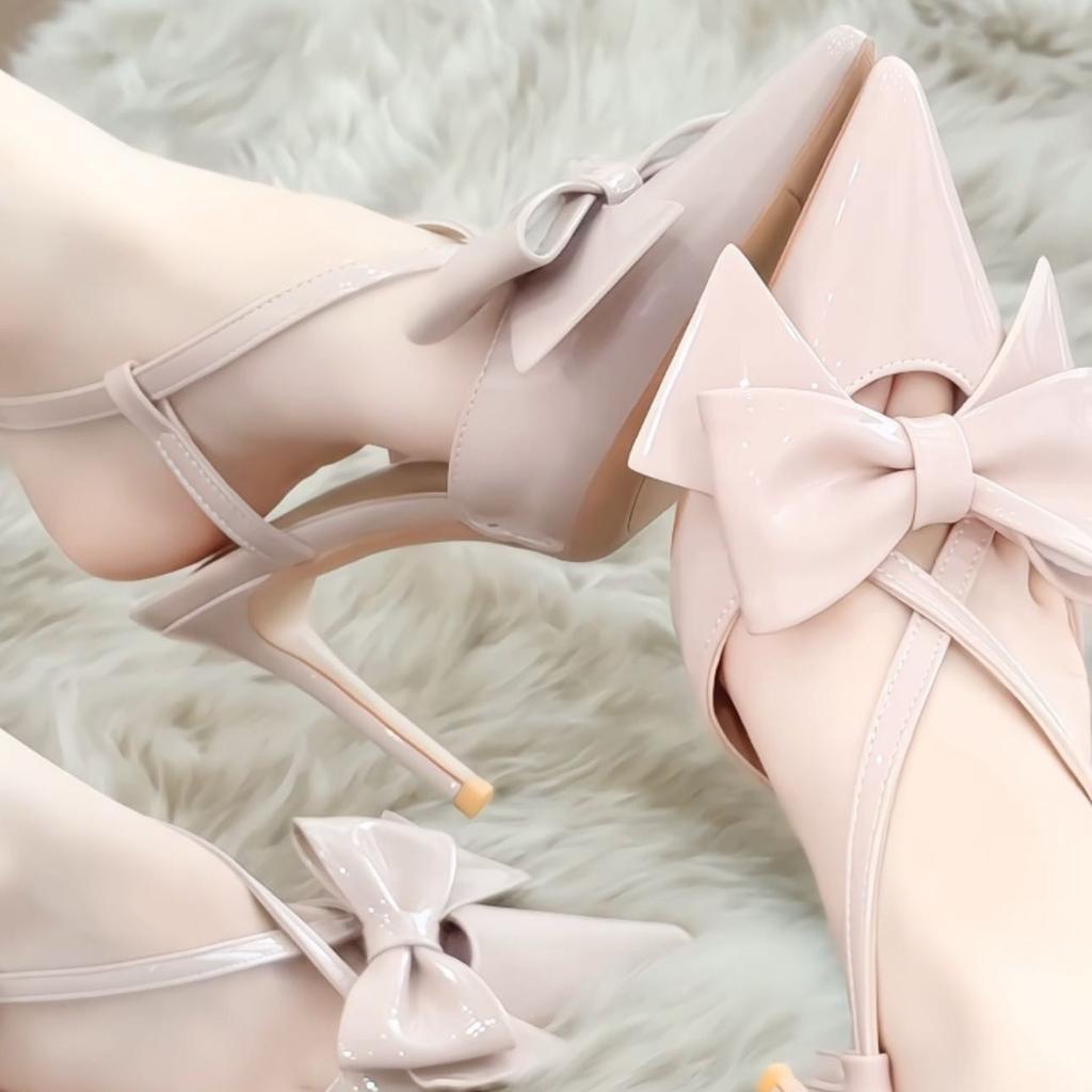 Spot 25H7 bow bag head sandals women's 2025 new pointed cross strap high heels stiletto temperament sweet