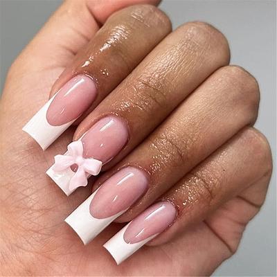 24 Pcs 3D Bowknot False Nails French Style False Nails Full Cover Stick On Nails Press On Nails for Women and Girls