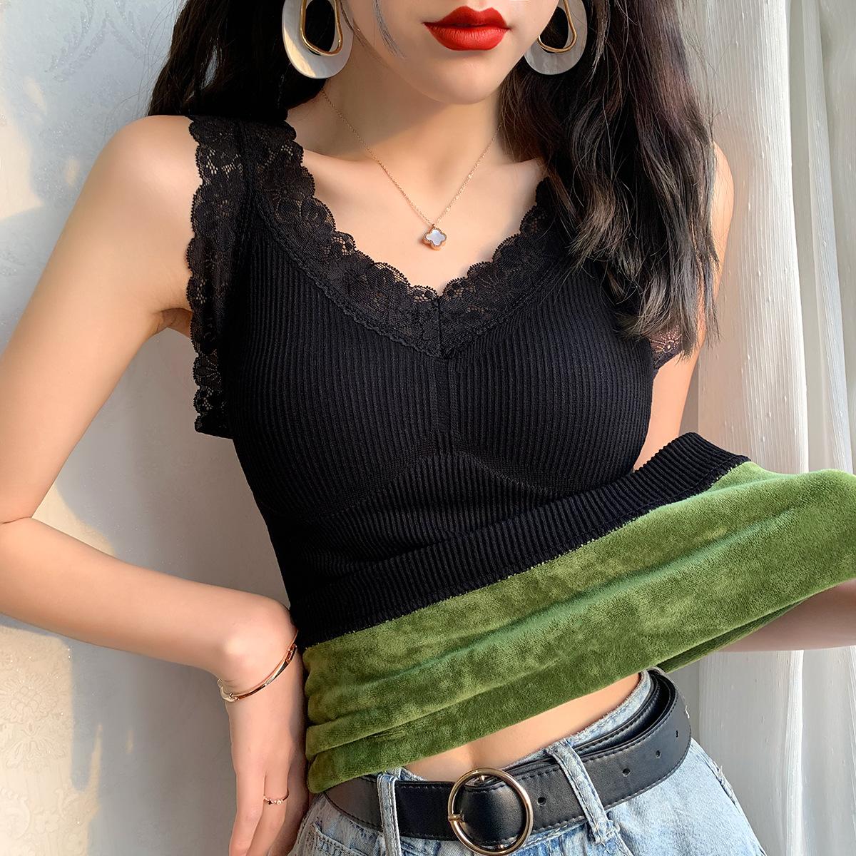 

Осенне-зимний бесшовный сексуальный кружевной флисовый жилет с v-образным вырезом, женское термобелье с грудью S чёрный