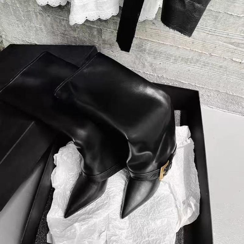 Women's Belt Buckle Tall Boots Autumn New Pointed Toe Sleeve Soft Slip Stiletto Shoes