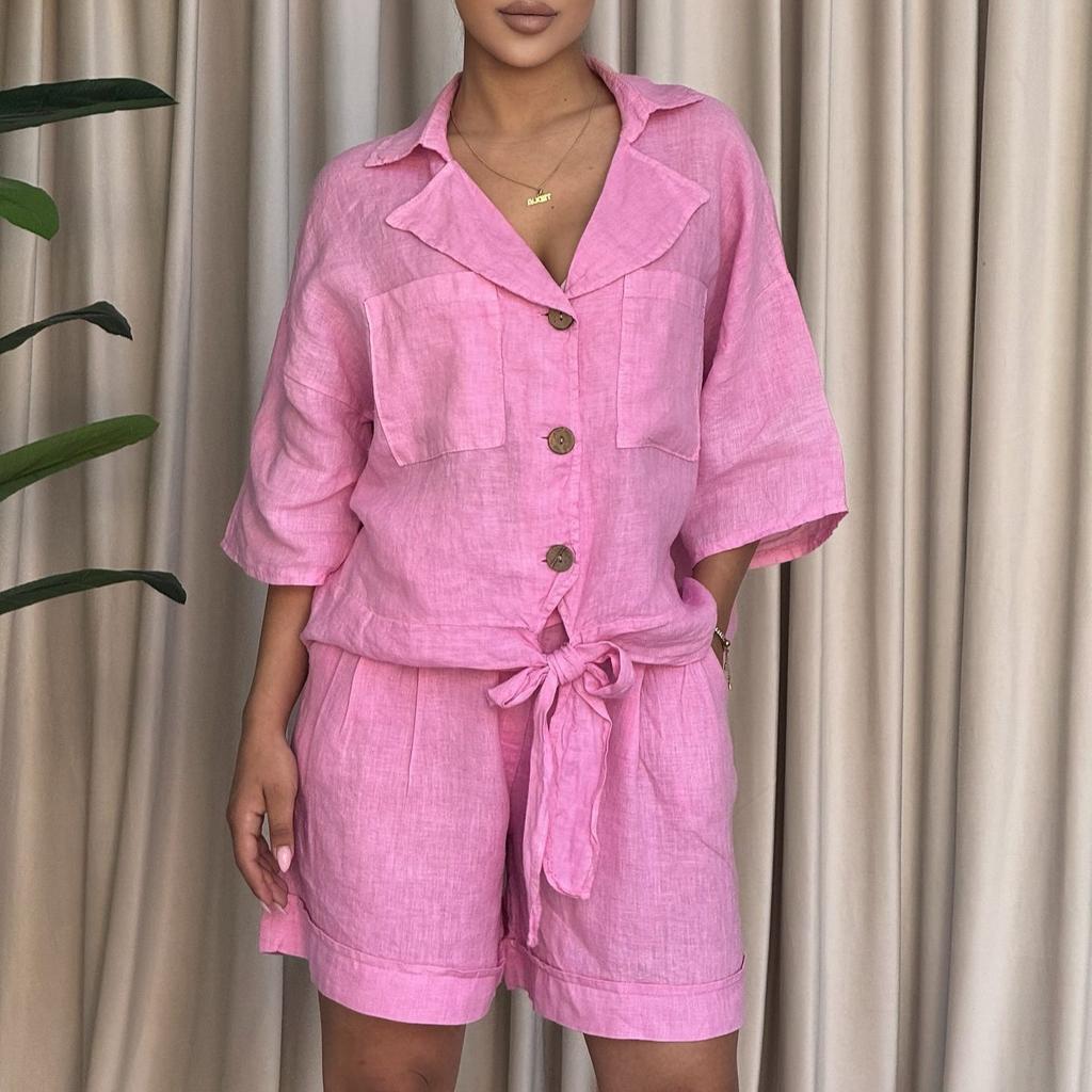 Women's 2 Piece Casual Outfit Short Sleeve Turn Down Collar Button Down Shirt and Shorts Set with Pockets
