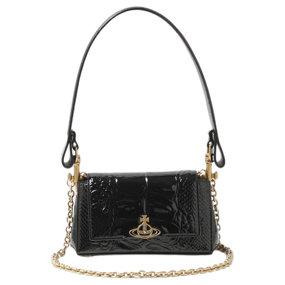 VIVIENNE WESTWOOD Hazel Gold Metal Logo Leather Shoulder Crossbody Handbag Small Women Handbag Black 50684358800D