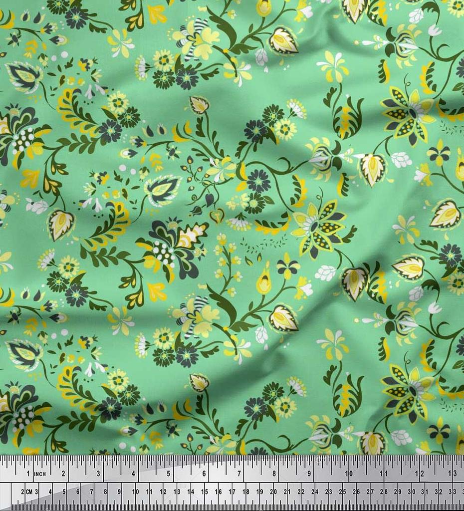 Soimoi Japan Crepe Satin Fabric Leaves & Floral Artistic Decor Fabric Printed Metre 42 Inch