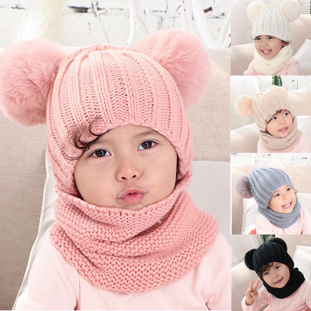 Buy Baby Hat Solid Winter Warm Thread Knit Wrap Double Hair Ball Head