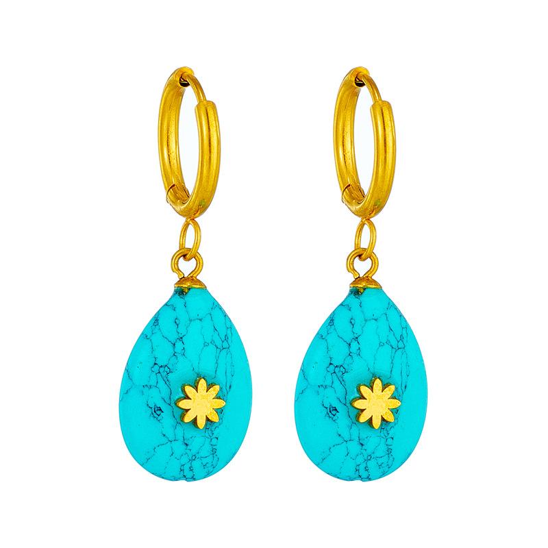 Gold Plated Turquoise Teardrop Drop Hoop Earrings with Flower Accent