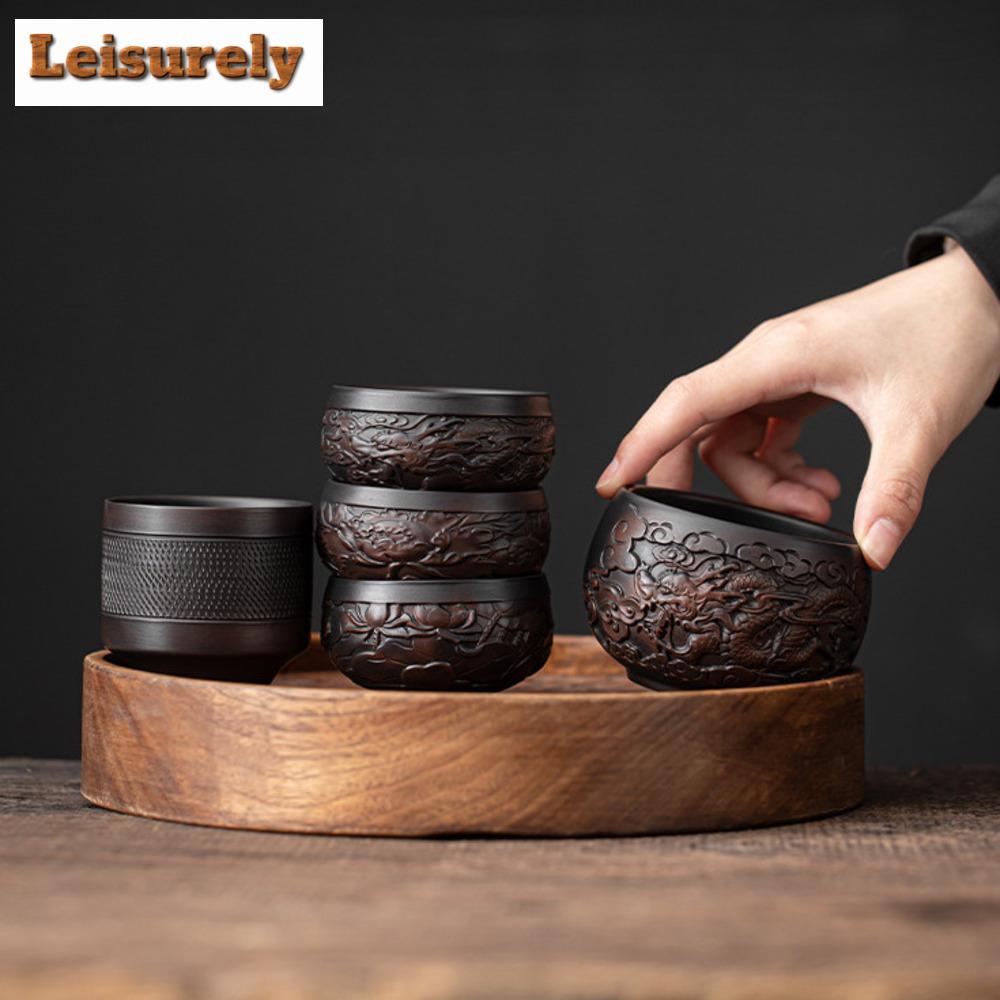 Chinese Qingxi Purple Pottery Tea Cup Handmade Engrave Tea Bowl Zen Meditation Cup Ceramic Master Cup Tasting Mug Kung Fu Teaset