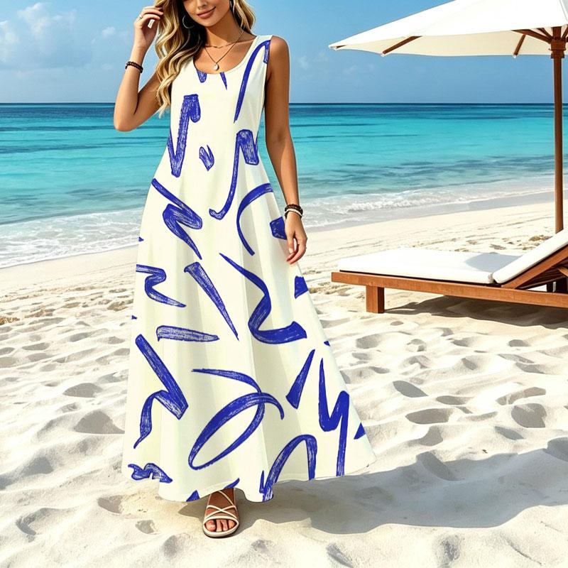 Ankle-Length Maxi Dress,Minimalist Blue White Design,Lightweight Loose Fit,Stylish Comfortable Women's Summer Dress for Beach Vacation Daily Commute