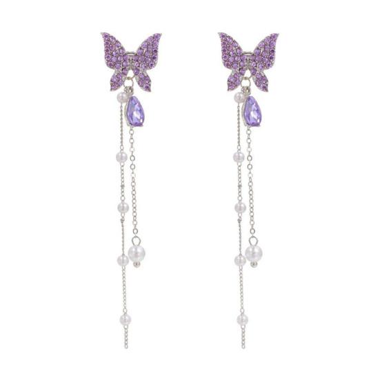 

1 пара блестящих стразов, цепочка с кисточками, женские серьги, яркие бабочки, искусственный жемчуг фиолетовый