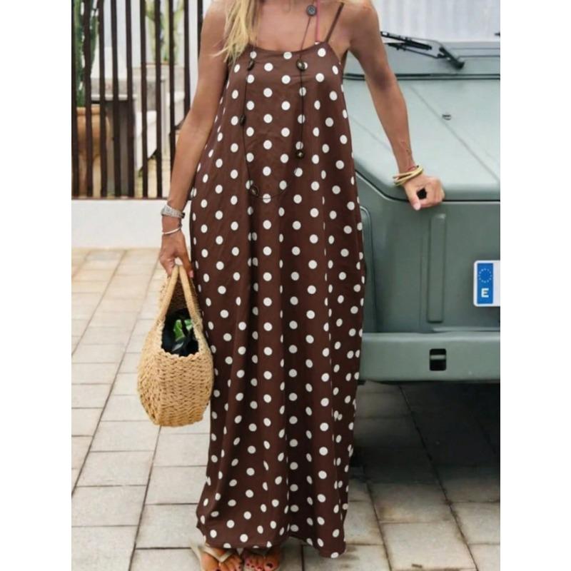 Women Brown Polka Dot Backless Spaghetti Strap A Line Maxi Vacation Dress