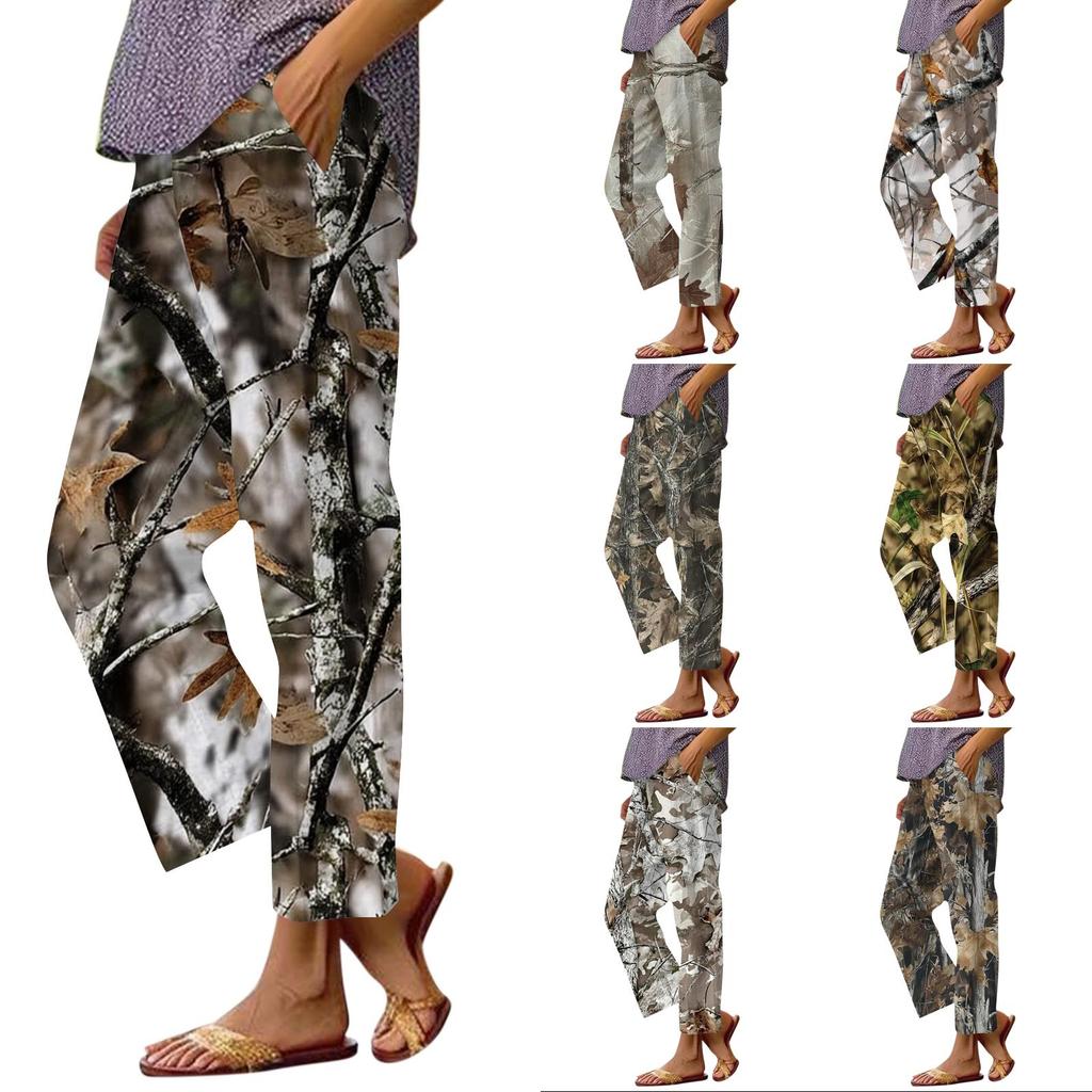 Women's fashion printed pocket elastic waist casual pants