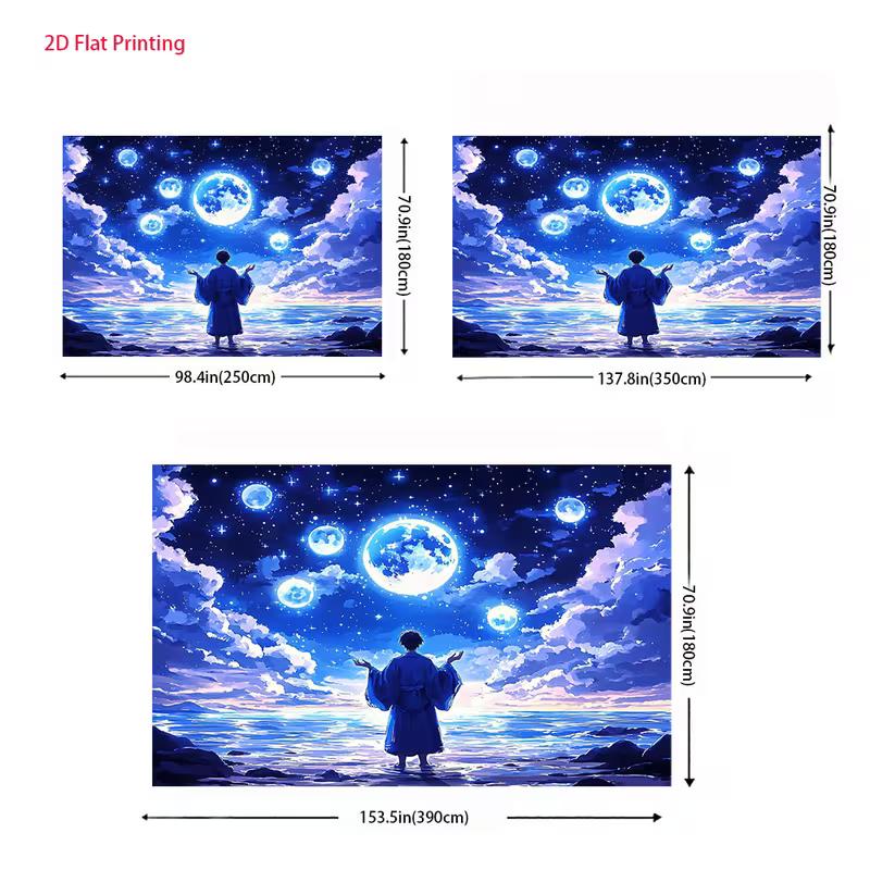 2D Magical Moon Backdrop, Anime Style Night Sky with Glowing Moons, Stars & Ocean Photography Background