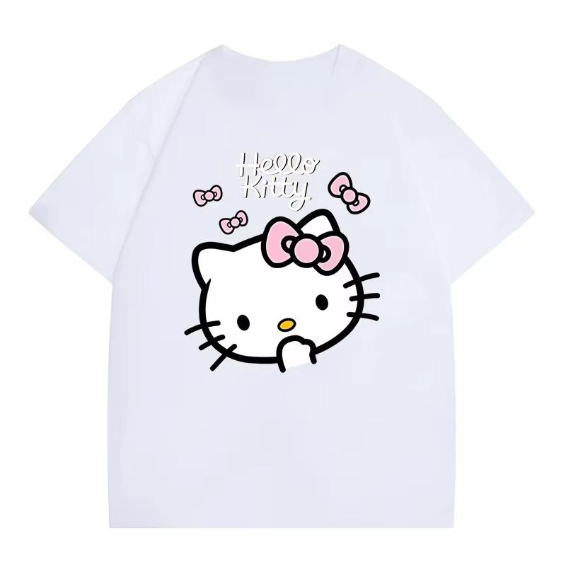 2026 Summer HelloKitty Cartoon Graphic Tee Casual Short Sleeve Cotton Tops for Adults Kids Lovely Kawaii Streetwear Style