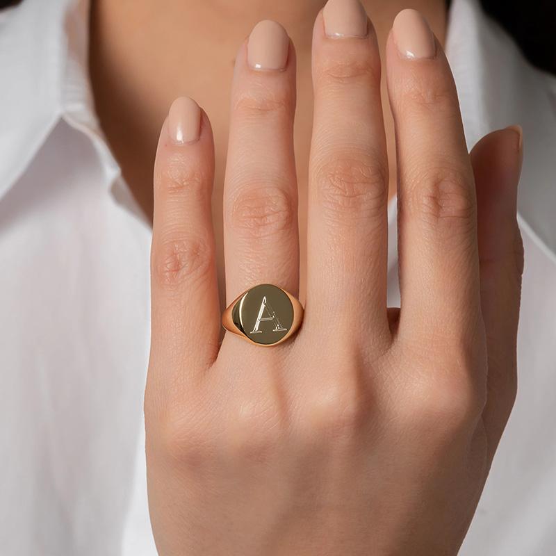 Elegant Personalized Bar Ring for Women Gold Color Stainless Steel Signet Stamp Ring Round Square Initial Custom Jewelry