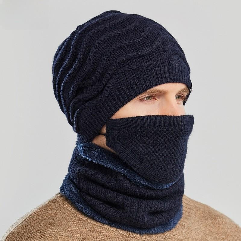 Knitted Hat Men Winter Warmth Windproof Cap Scarf Threepiece Set For Commuting