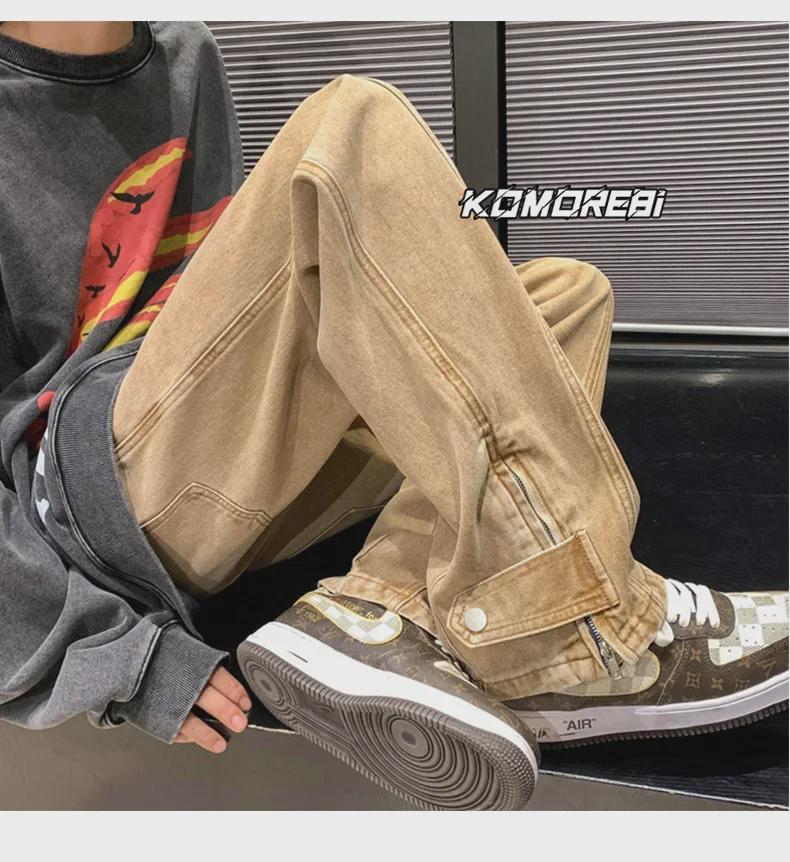 Calça Jeans Masculina de Verão Moda Retro Rasgada de Perna Larga