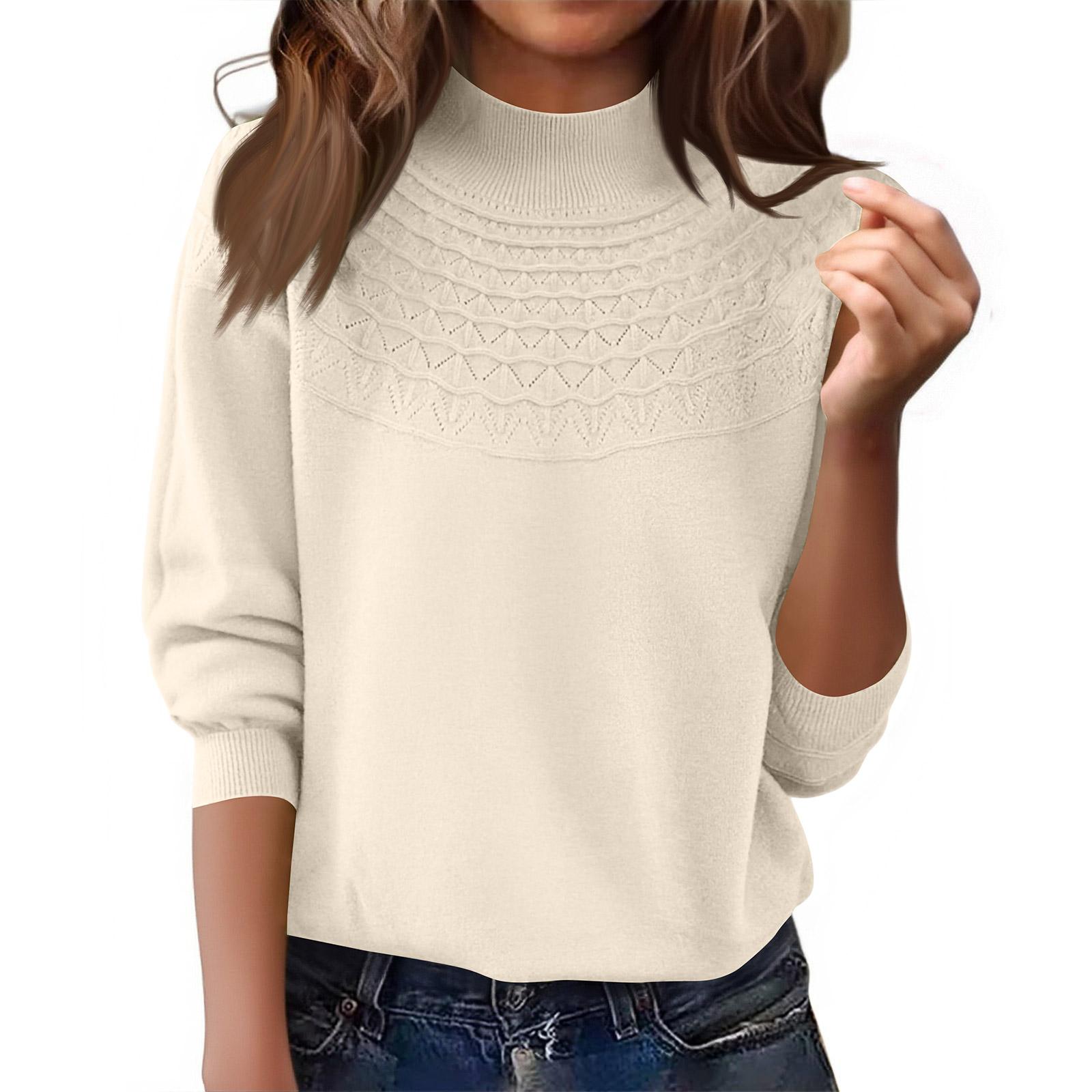 Женский модный пуловер с полувысоким воротом, ажурный вязаный свитер с длинным рукавом, однотонный свитер L бежевый