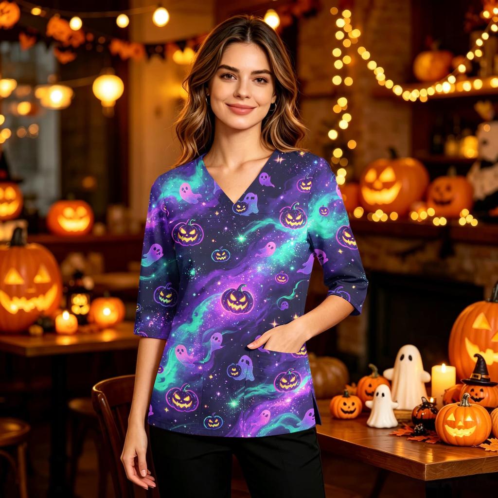 Women's Casual V-Neck Scrub Top with Pockets and Side Slits, 3/4 Sleeve Halloween Print