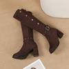 Belt Buckle Pointed Toe High Heel Knight Boots for Women Fall/Winter 2026 New Suede Studded Block Heel No Knee Boots