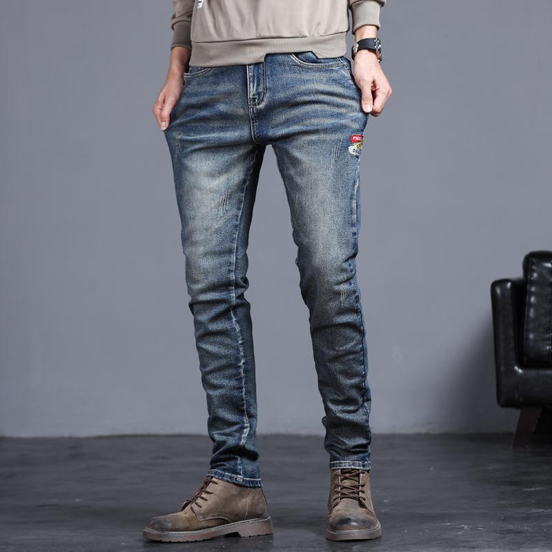 Spring and Autumn Jeans Embroidered Jeans Men's Slim Fit Casual Little Feet Trousers Stretch Vintage Street Denim Trousers Male