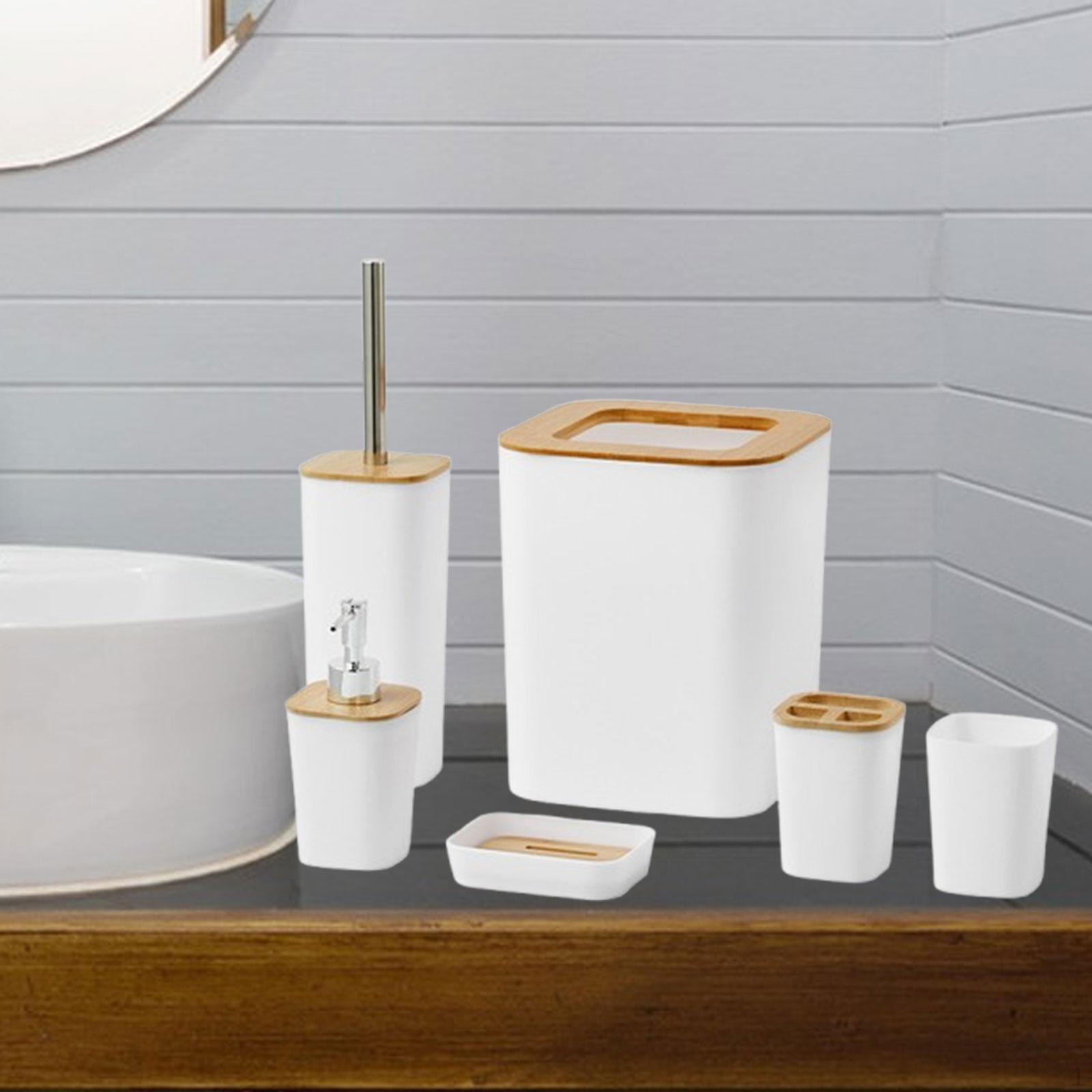 

Колекція аксесуарів для ванної кімнати з 6 предметів, включаючи туалетну щітку та відро для сміття для використання на стільниці білий