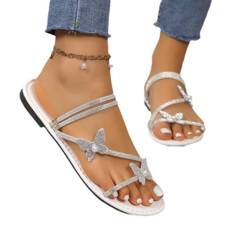 Rhinestone Bow Cover Toe Sandals Women's New Flat Bottom with Skirt Beach One Shoe Two Wear Women's Cool Slippers 41