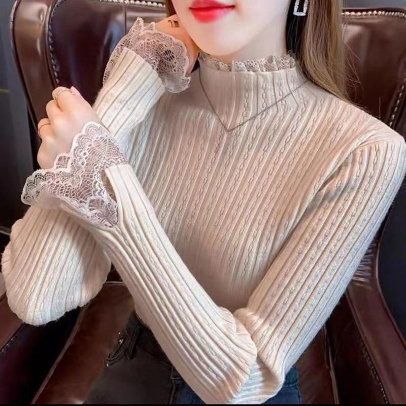 Lace - Trimmed Sweater Women's Spring and Autumn Half Turtleneck Slim Pullover Casual Long - Sleeved Knitted Sweater