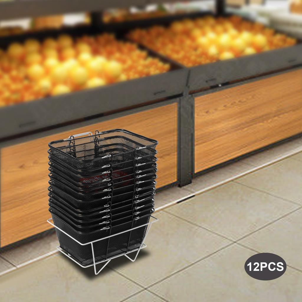 12PCS Black Metal Shopping Baskets with Handles, Mesh Storage Baskets, Portable Retail Store Baskets, Commercial Shopping Cart