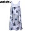 IHUASU Women's Fashion Summer Spring Solid Color Print Sleeveless O-Neck High Waist Casual Dresses